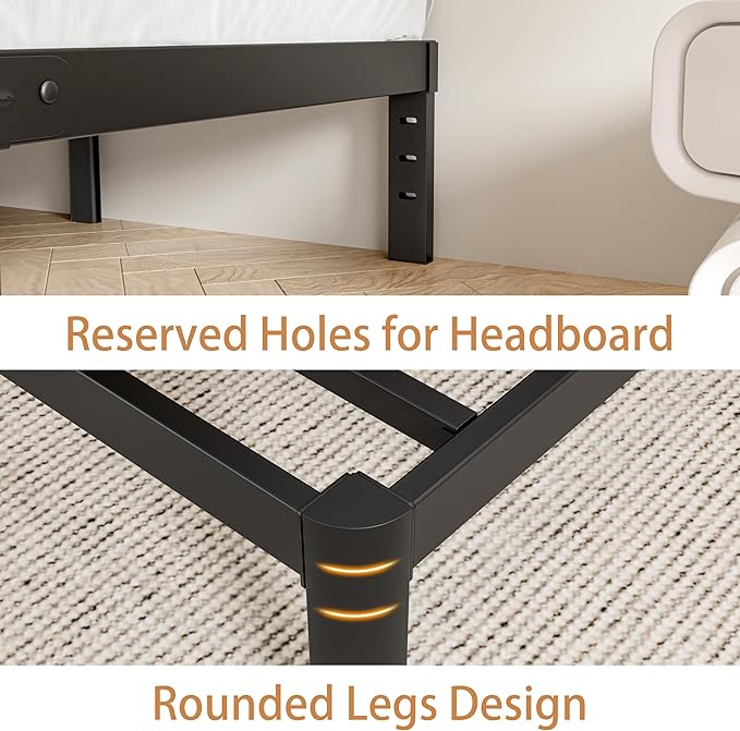 Black Queen Bed Frame 12 Inch, Metal Queen Size Bed Frame No Box Spring Needed, DIY Headboard Holes, Heavy Duty Steel Support 3500 LBS, Noiseless, Round Corner Leg, Storage Space, Easy Assembly
