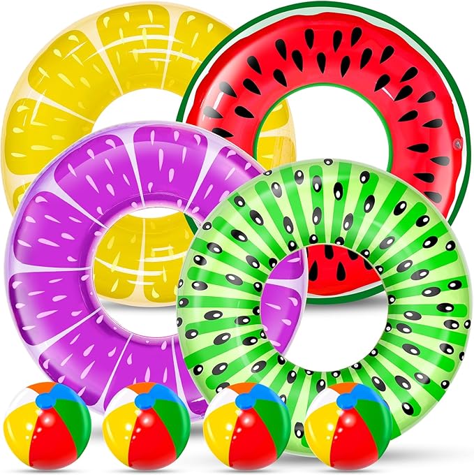 8 Pack Inflatable Pool Floats Kids, 4 Pcs Fruit Swim Tubes Rings and 4 Pcs Beach Balls, Pool Floaties Summer Hawaiian Beach Toys Swimming Luau Party Floats for Kids Adults Water Fun
