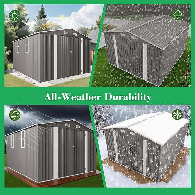 10x12 FT Outdoor Storage Shed with Windows, Metal Sheds & Outdoor Storage with Lockable Door and 4 Vents, Outside Storage Shed Waterproof for Backyard, Garden, Patio, Gray