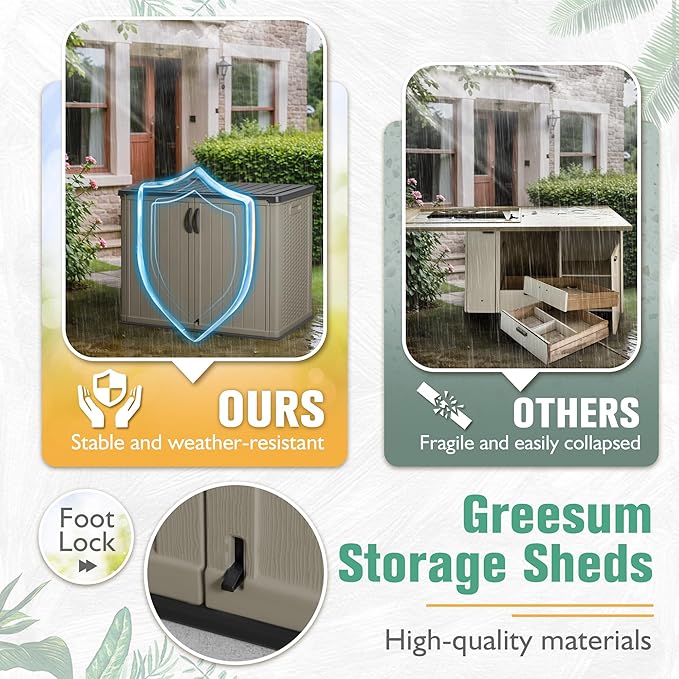 Greesum Outdoor Horizontal Storage Sheds 27 Cu.ft Resin Large Storaged Box Weather Resistance, Without Shelf, Easy to Assemble, Prefect for Garden, Patios, Backyards, Beige