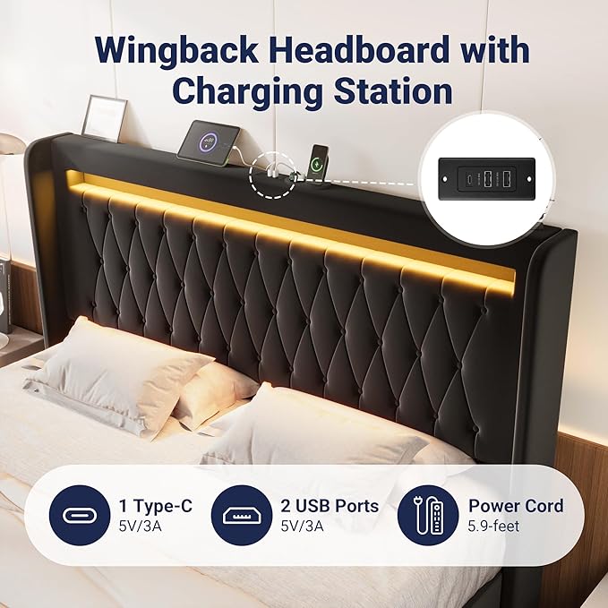 Allewie Upholstered King Size Platform Bed Frame with LED Light and Charging Station, Button Tufted High Headboard, Wingback Design, Noise Free, Easy Assembly, No Box Spring Needed, Black