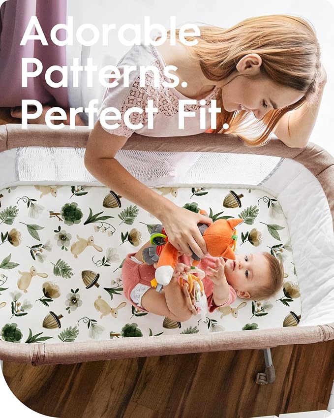 Pack N Play Sheets Fitted, TotBasic Ultra Soft Mini Crib Sheets Safari, Premium Jersey Knit Pack and Play Sheets Neutral, Stretchy Play Yard Sheets for Pack and Play Mattress, 2 Pack (Rabbit Giraff)