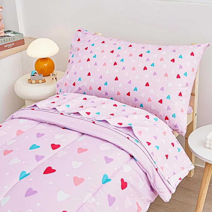 Viviland Purple Heart Toddler Comforter Sets, Cute Girls Toddler Bedding Set, Soft Microfiber Toddler Bed Set