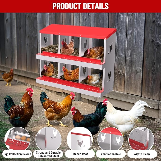 6-Compartment Metal Chicken Nesting Box - with Perch, Secure Lid & Metal Legs, Wall-Mount or Free-Standing Nesting Boxes for Hens