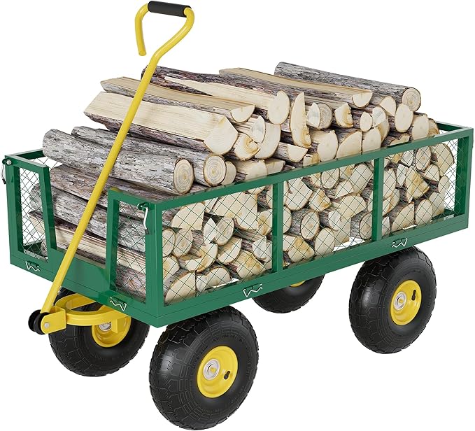 900 Lbs Garden Wagon, 2-in-1 Heavy-Duty Steel Garden Cart, with 10 Inch All-Terrain Tires and Removable Mesh Side Panels, 180° Rotating Handle, Metal Utility Yard Trailer, Outdoor Gardens Wagon Cart