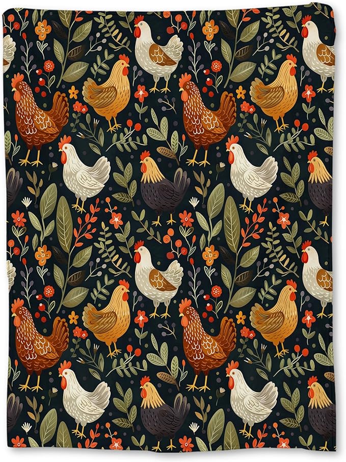 Rustic Chicken and Floral Blanket, Soft Lightweight Flannel Throw Blanket for Couch, Bed, Travel, Living Room & Home Decor, Cozy Warm Fuzzy Blankets for Adults Kids Women Girls 50×40 in