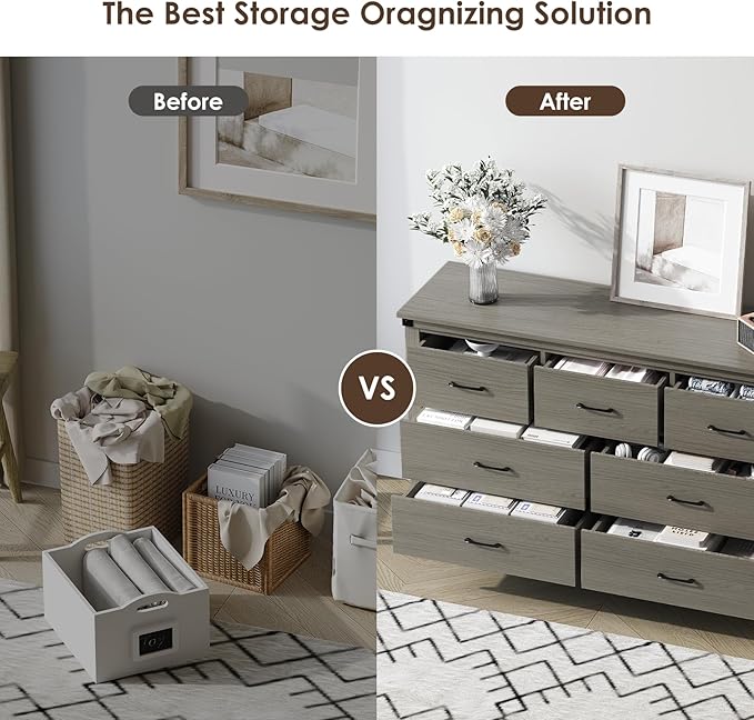Farmhouse 7 Drawer Dresser for Bedroom, 51" Wide Chest of Drawers, Wooden Dresser TV Stand, Storage Dressers Organizer for Bedroom, Living Room, Hallway, Grey