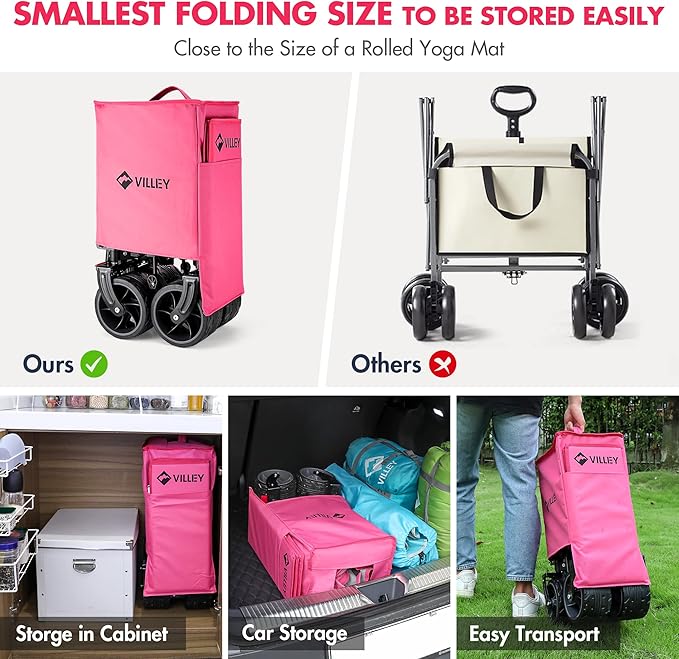 VILLEY Collapsible Folding Wagon with Big Wheels, Enlarged 225lbs Capacity, All Terrain Wagons Carts Heavy Duty Foldable, Portable Utility Garden Cart with 2 Cup Holders and Brake, Pink