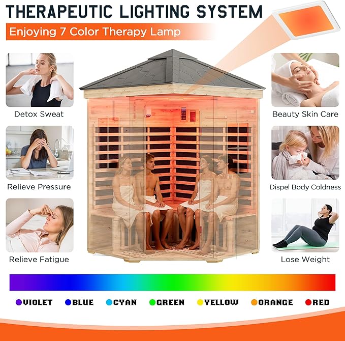 Albott Outdoor Sauna 4 Person, Infrared Saunas for Home, Low EMF 2850W/240V Spruce Wood Dry Sauna with Tourmaline Stone Foot Warmer, 7-Color Light Therapy & 2 Bluetooth Speakers, 59.1"x59.1"x98.4"
