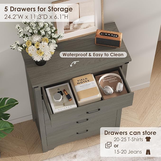 Farmhouse 5 Drawer Dresser for Bedroom, 47" Tall Chest of Drawers, Wood White Dresser with Deep Drawers, Storage Dressers Organizer for Bedroom, Living Room, Hallay, Grey
