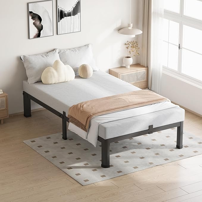 10 Inch Twin Size Bed Frame, 3500Lbs Heavy Duty Metal Platform with Round Corner Legs Mattress Slide Stopper, Steel Slat Support No Box Spring Needed, Noise Free, Non-Slip, Easy Assembly