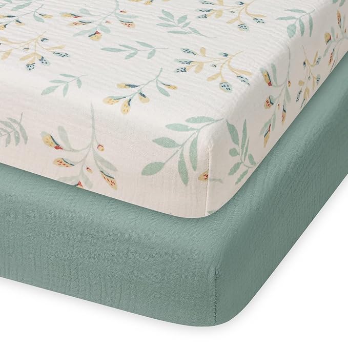 Blissful Diary Muslin Mini Crib Sheets, Pack and Play Mattress Sheets Fitted for Pack N Play, Soft Cotton for Boys Girls, 2 Pack(Roman Green&Leaf)