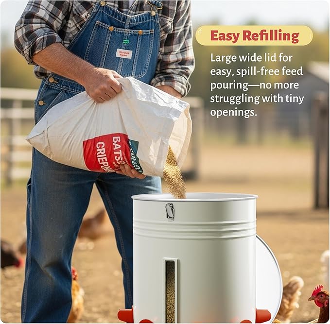 KOL 50 LB Large Free Standing Chicken Feeder, Portable Gravity Chicken Feeder Automatic, Dispenser, 8 Feeding Ports Poultry Feeder for Chicken Rooster & Hen (Jade White)