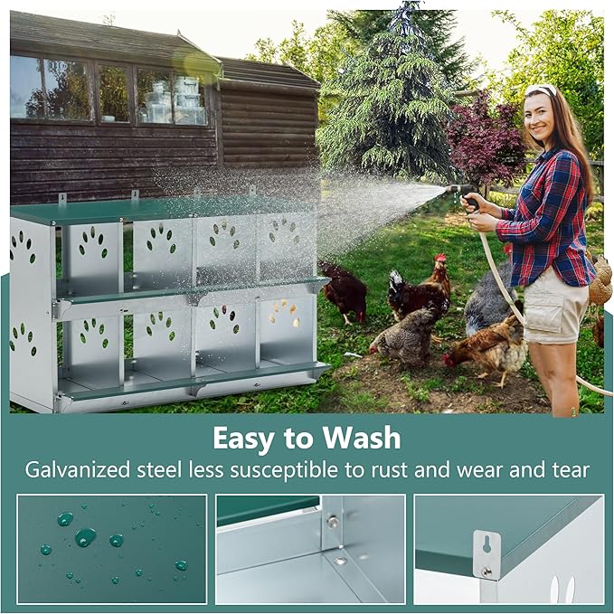 Chicken Nesting Boxes 8 Compartment, Metal Coop Box for Hens, Wall Mount Poultry Nest, Large Vented Holes, Egg Laying Box for Chickens