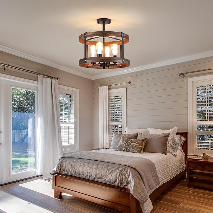 4-Light Large Rustic Farmhouse Flush Mount Ceiling Light Fixture 16.5 inch Oak