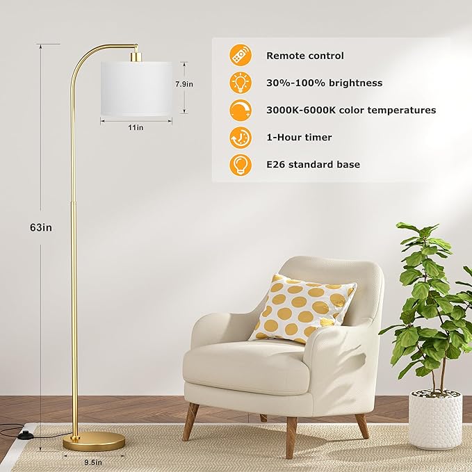 Ambimall Arc Floor Lamp with Remote and Stepless Dimmable Bulb, Colors