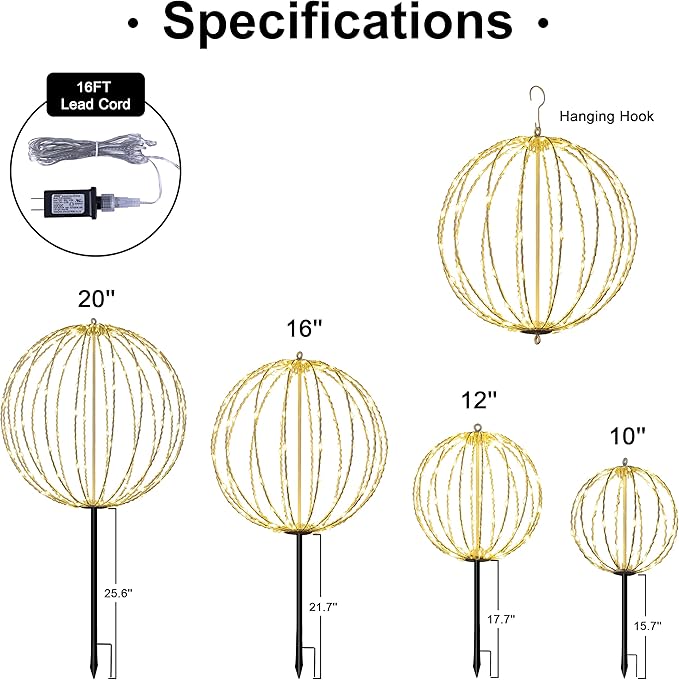 LIGHTSHARE 12IN 96LED Light Ball Yard Decoration Pathway Lights Sphere Light with Fold Flat Metal Frame Indoor Outdoor Waterproof Garden Lights, Plug in
