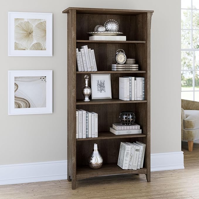 Bush Furniture Salinas 5 Shelf Bookcase in Ash Brown, Tall Bookshelf, Large Book Shelf for Living Room, Home Office, or Entryway