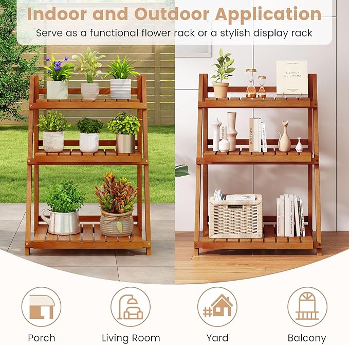 Giantex Foldable Ladder Plant Shelf, 3-Tier Solid Wood Indoor Outdoor Flower Pot Display Rack, Corner Storage Bookshelf, Freestanding Tiered Plant Stand for Garden Patio Balcony, No Assembly