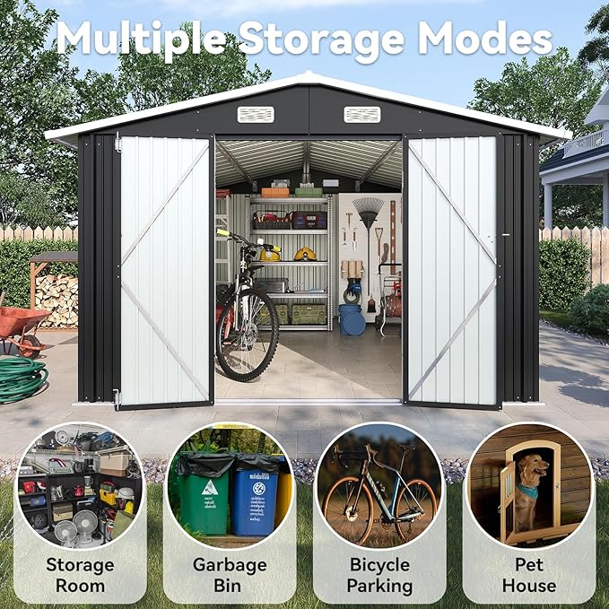 10x12FT Outdoor Storage Shed, Metal Garden Shed with Lockable Double Doors & Sloping Roof, Weather-Resistant Tool Shed for Backyard, Patio, Poolside Black