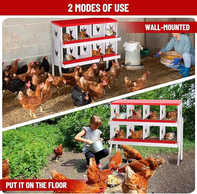 Chicken Nesting Box, Heavy-Duty Metal Chickens Laying Boxes with 8 Compartments, Large Vented Holes Hens Laying Box, Chicken Coop with Rollout Egg Collection, Bracket Legs - Red