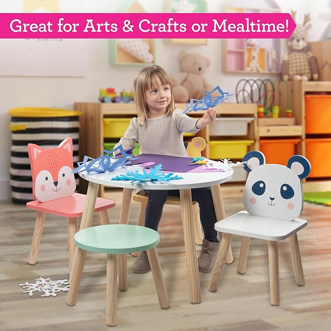 Kids Wooden Animal Table & Chair Set w 4 Seats- Tiger Panda Fox & Adult Stool for Xmas Arts Crafts, Dining, Pretend Play- Durable Playroom Furniture for Home Daycare Classroom- Toddler Activity Center