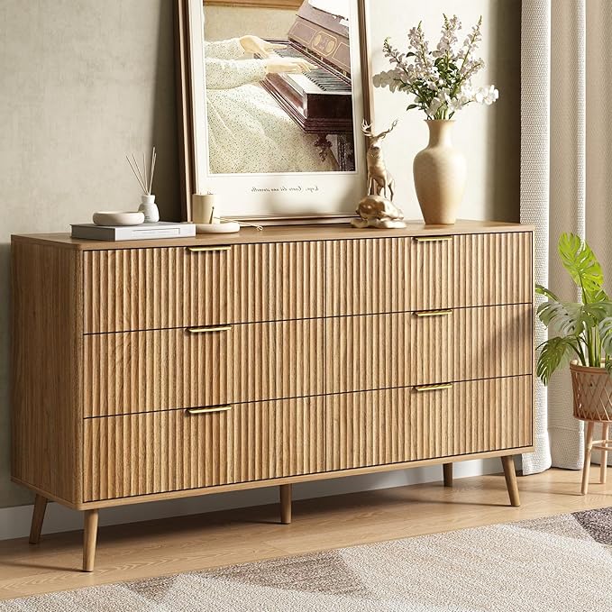 CARPETNAL Fluted 6 Drawer Dresser for Bedroom, 55" Wide Wooden Chest of Drawers with Rounded Corners, Gold Handles, Modern Storage Organizer for Bedroom, Hallway(Walnut)