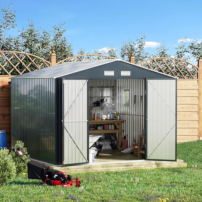 Breezz Outdoor Storage Shed 10X10FT. Utility Tool Shed Metal Storage Garden Shed with Lockable Doors, Windows & Metal Frame Floor for Patio Storage, Nightblue