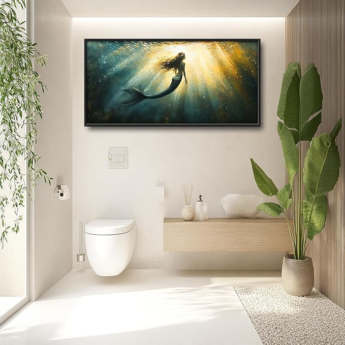 Olivine Mermaid Wall Art, Ocean Pictures Wall Decor, Coastal Painting, Marine Life Canvas Prints, Framed Artwork for Bathroom Bedroom Living Room Office Home Decoration 60"x30"