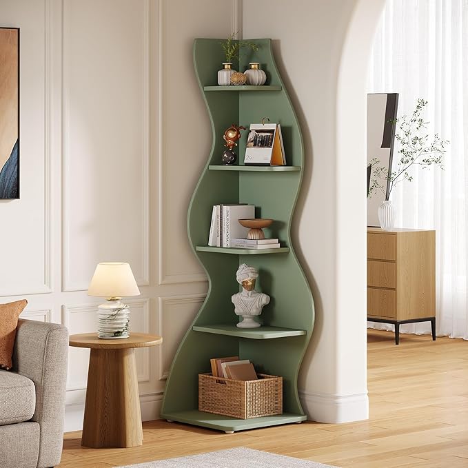 Tribesigns Wavy Corner Shelf, Modern 5-Tier Bookshelf Bookcase with Curvy Shape, Unique Plant Stand Display Rack for Living Room Small Space (Green)