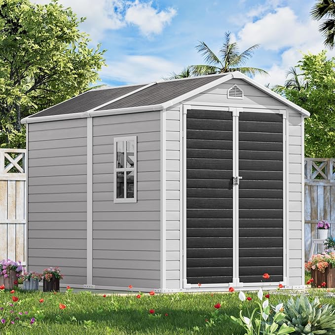 Resin Storage Shed with Floor 8 x 6 FT Waterproof Plastic Outdoor Garden Sheds Kit with Lockable Door & Windows,Patio Tool Shed for Backyard Lawn, Gray