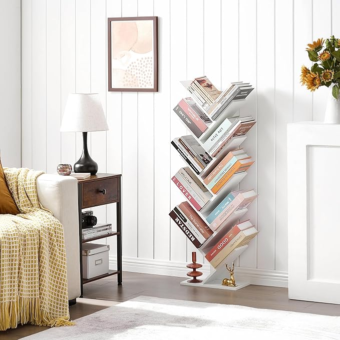 Hoctieon 10 Tier Tree Bookshelf, 10 Shelf Bookcase, Free Standing Tree Bookcase, Display Floor Standing Shelf for Books, Book Organizer Shelves for Home Office, Living Room, Bedroom, White