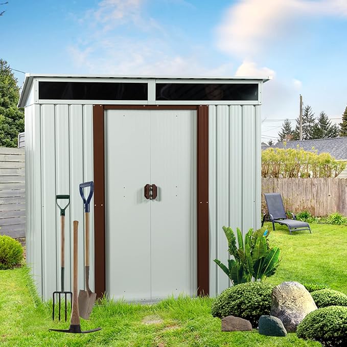 6X5 FT Outdoor Storage Shed, Waterproof Metal Garden Sheds with Lockable Door, Steel Tool Storage Buildings Shed & Outdoor Storage House for Garden, Backyard, Patio, Lawn, Trash Cans(White)