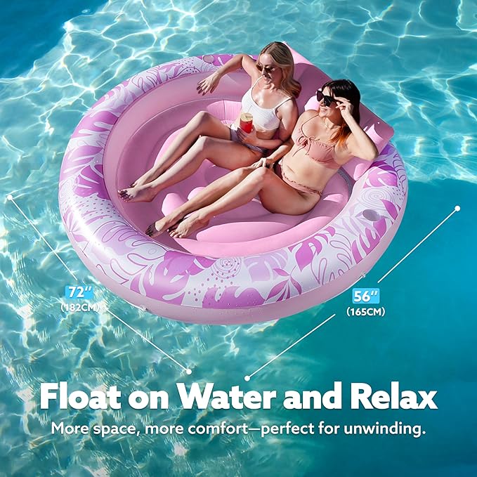 SLOOSH Inflatable Tanning Pool Lounger Float,72" x 65" Pool Floats Adult with Pillow,Luxury Fabric Large Suntan Tub Raft Floatie,Sunbathing Bed Lounge for Water Blow Up Kids Ball Pit Party Gifts,Pink