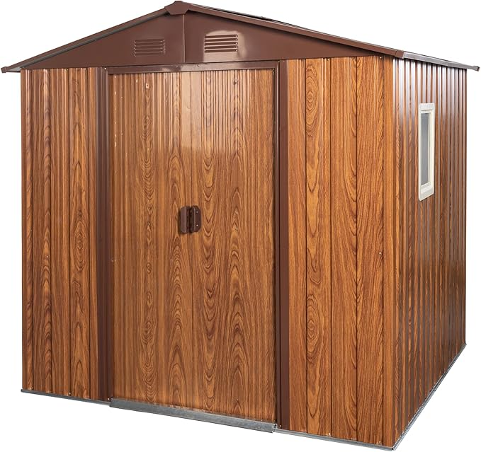 6 x 6 FT Outdoor Storage Shed, Metal Garden Shed with Floor Frame, Tool Shed Outdoor Storage with Lockable Sliding Doors & Window & Air Vents, Storage House Waterproof for Backyard, Lawn, Coffee