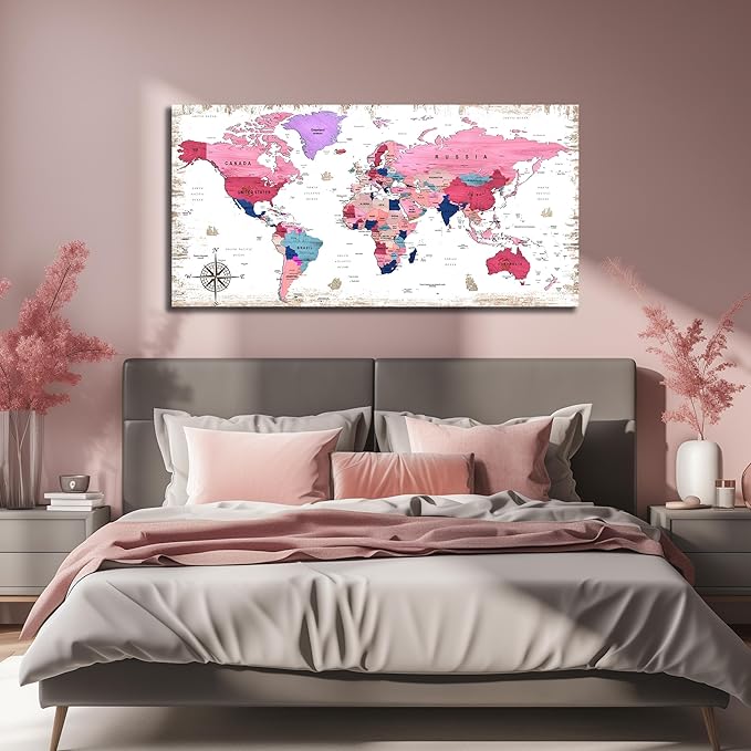 ZHAOSHOP Large World Map Canvas Wall-Art - Wall Decor For Girls Bedroom - Pink pictures Wall Decor Ready To Hang Size 59" x 29"