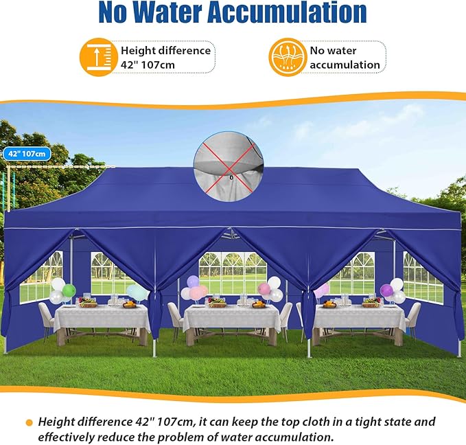 HOTEEL 10x30 Pop up Canopy Tent for Parties, Heavy Duty Easy Setup Tent with 8 Sidewalls, Outdoor Commercial Instant Gazebo for Wedding Event, with Portable Bag & Sand Bags, Dark Blue(Hexagonal Frame)