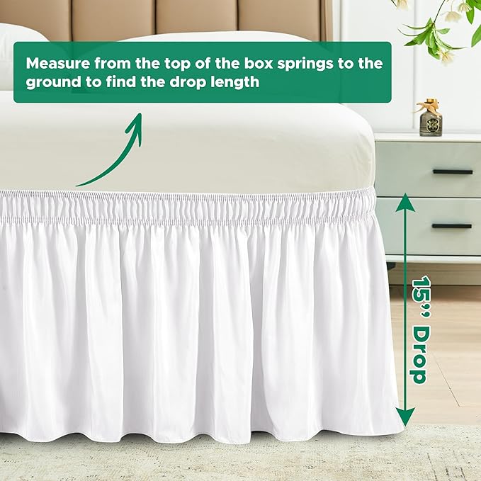 Biscaynebay Wrap Around Bed Skirts for Queen Beds 15" Drop, White Adjustable Elastic Dust Ruffles Easy Fit Wrinkle & Fade Resistant Silky Luxurious Fabric Machine Washable