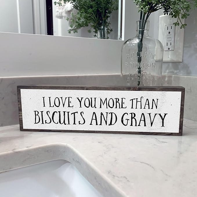 Wood & Metal Southern Sign – Weatherproof Indoor Outdoor Wall Decor – Rustic Charm with "I Love You More Than Biscuits And Gravy" – Gift-Wrapped & Ready to Give