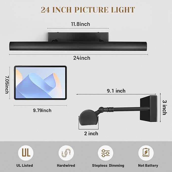 Matte Black Picture Lights for Wall, 3-Light Bronze Gallery Light, Warm White