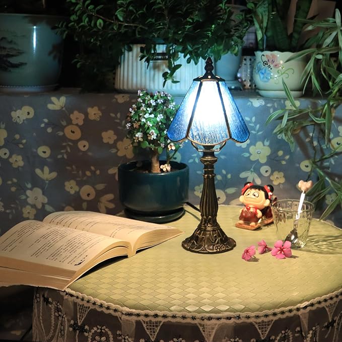 Small Tiffany Table Lamp Sea Blue Bark Pattern Style Stained Glass Desk Lamps