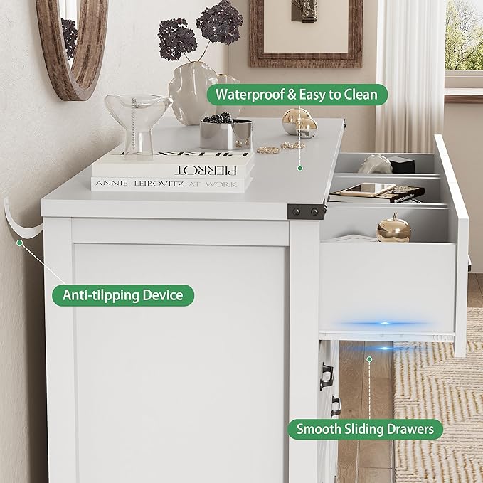 Dresser for Bedroom with 7 Drawers, 48" Wide Modern Chest of Drawers with Deep Drawers & Mental Handle, Wood Dresser TV Stand, Wooden Closet Storage Organizer for Living Room, Hallway, Entryway, White