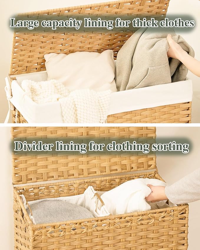 Laundry Hamper with Lid Wicker Laundry Basket 112 L (29.6 Gal) Laundry Hampers Handwoven Rattan Clothes Hamper with Handles 3 Removable Liner Bag, 6 Mesh Bags for Bathroom Bedroom Natural
