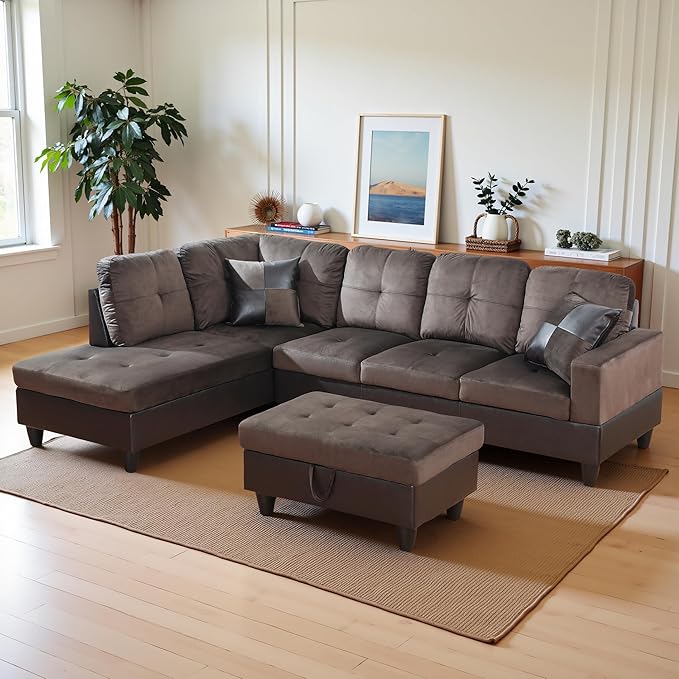 Osparple L Shaped Couch Sectional Couches for Living Room Upholstered Flannel 3 Pieces Modular Sectional Sofa with Chaise, Ottoman with Storage for Living Room and Small Apartment, Deep Brown