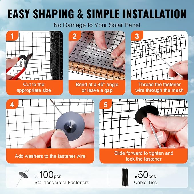 VEVOR Solar Panel Bird Guard 8inch x 98ft PVC Coated Wire Mesh Roll Kit with 100pcs Fasteners, Critter Fence, Pigeon Proofing, Black