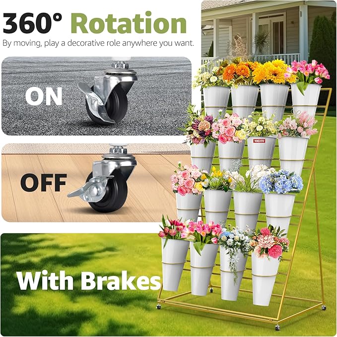 Flower Display Stand 4 Layers with 16 PCS Round Buckets, Plant Stand with Wheels, Movable Metal Plant Stand for Terrace Garden, Florist Shop (Gold Frame, White Buckets, 4-Tier, 16 Buckets)