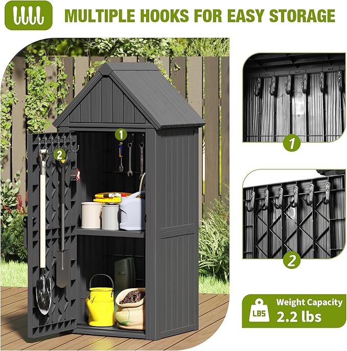 Outdoor Storage Shed – Durable Resin with Sloping Roof and Lockable Door, Waterproof Storage Cabinet with Ample Space, Multiple Hooks for Backyard, Garden, Patio & Lawn Black