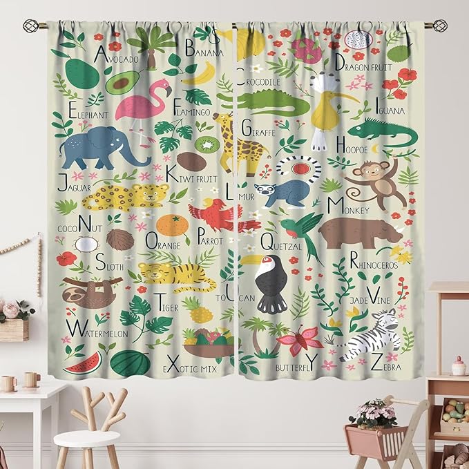 Kid Alphabet Curtains Funny Cartoon Animal Cute Educational Learning Colorful Curtain with Rod Pocket for Bedroom Living Room Decor Drapes Window Treatments 2 Panels Set 42" W X 45" L