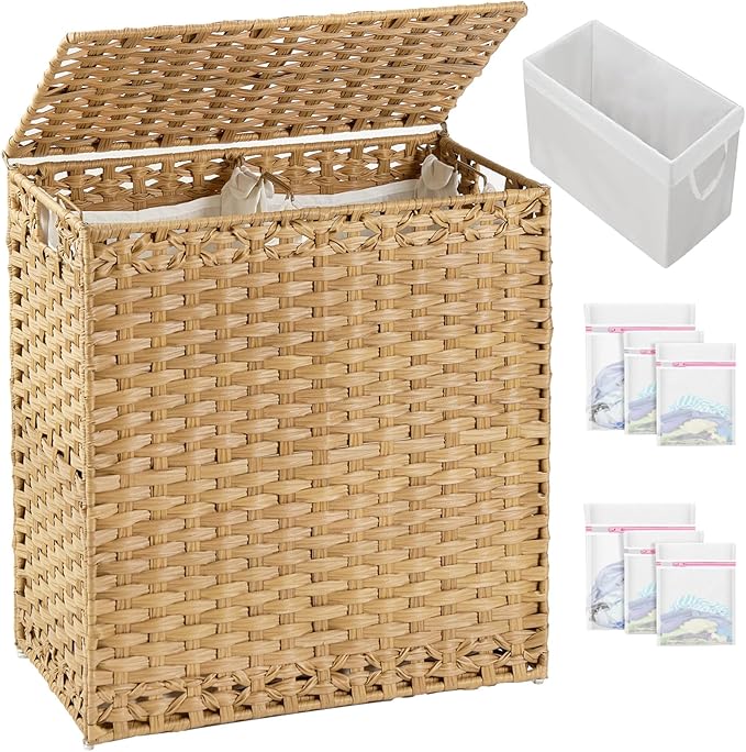 Laundry Hamper with Lid Wicker Laundry Basket 112 L (29.6 Gal) Laundry Hampers Handwoven Rattan Clothes Hamper with Handles 3 Removable Liner Bag, 6 Mesh Bags for Bathroom Bedroom Natural