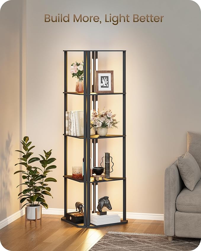 63.4” Display Shelf with Light, Modern Corner Floor Lampe with Shelves